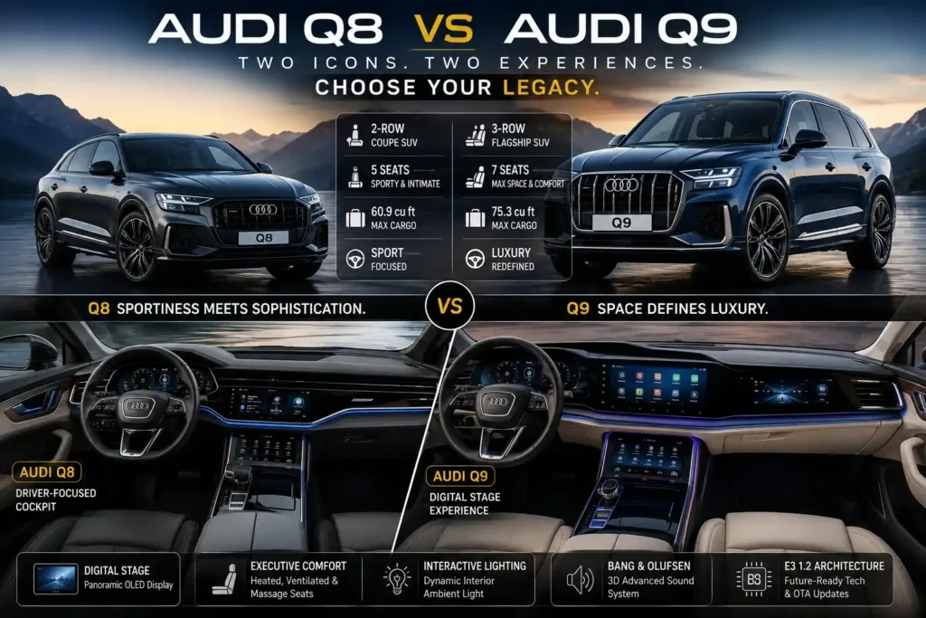 2027 Audi Q8 vs Audi Q9 luxury SUV comparison with flagship interior and Digital Stage dashboard
