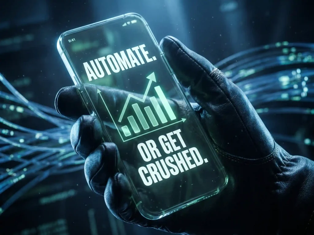 Cinematic close-up of a hand holding a glowing phone displaying a profitable bot with bold text reading 'AUTOMATE OR GET CRUSHED.