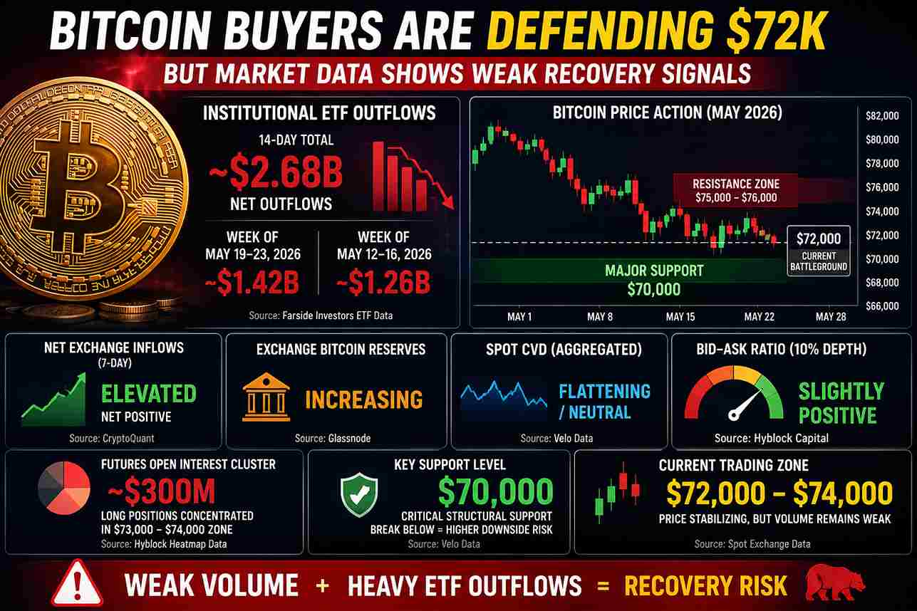 Bitcoin dip buyers defend $72K support as ETF outflows, weak spot volume, and futures market risks raise concerns about recovery strength.