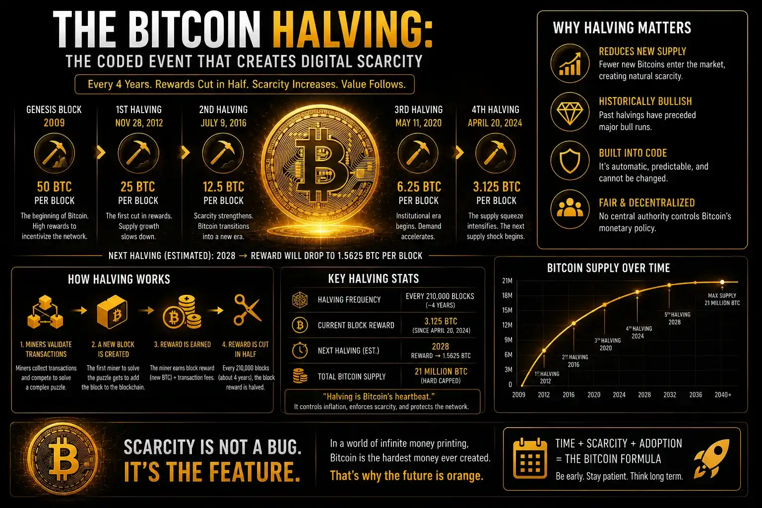 Bitcoin halving infographic showing the 2009 to 2028 supply cycle, block reward reductions, digital scarcity model, and Wall Street institutional adoption timeline