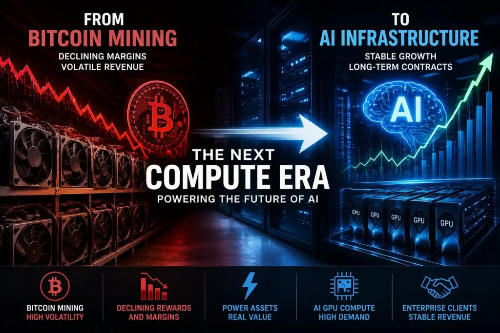 Visual illustration showing the transition from Bitcoin mining operations to AI GPU infrastructure and enterprise data centers