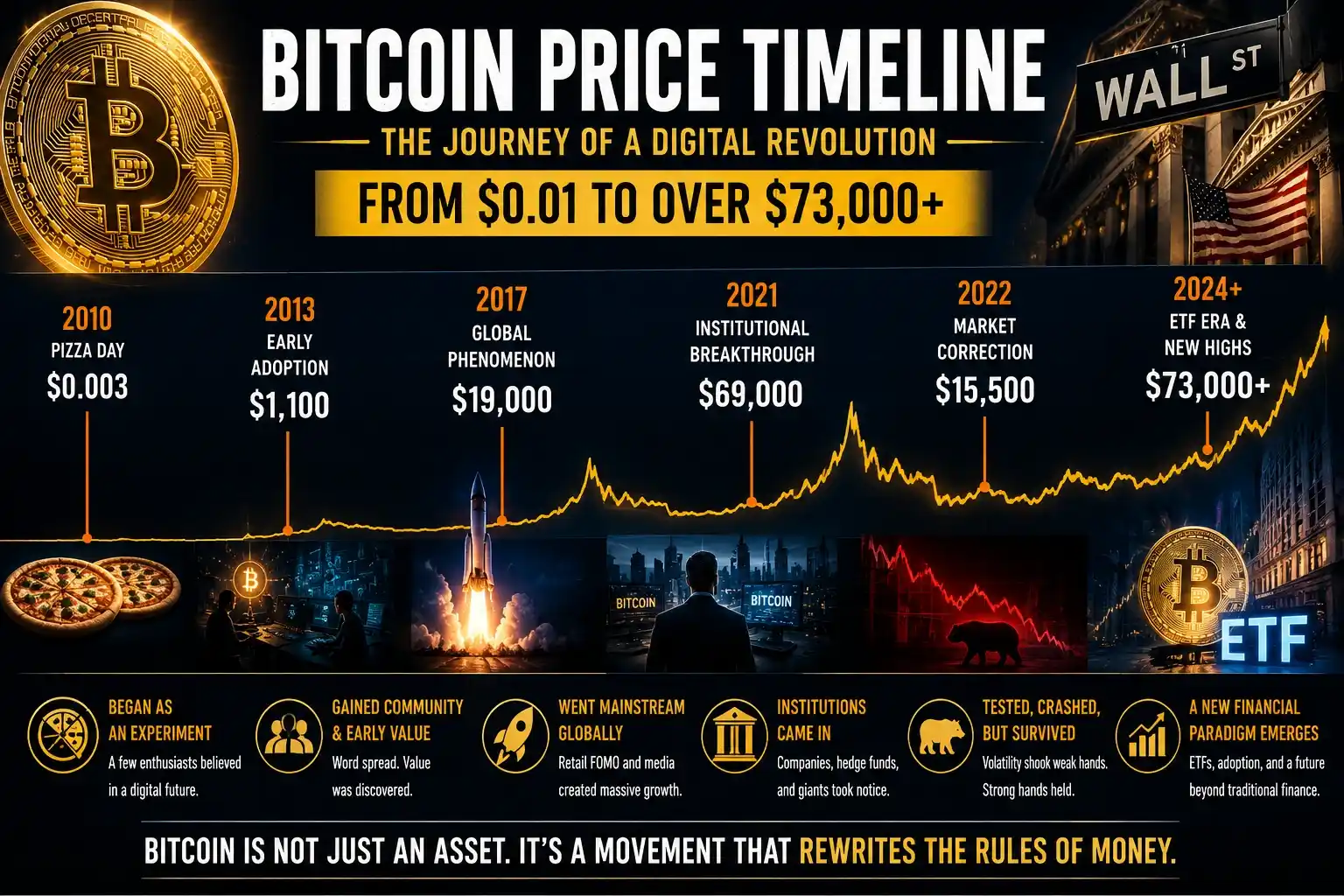 Bitcoin price timeline infographic showing Bitcoin growth from $0.01 to over $73,000 with Wall Street adoption and ETF era milestones