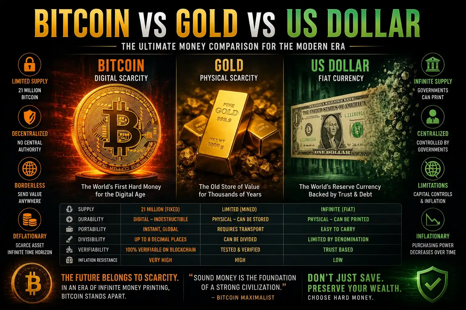 Bitcoin vs Gold vs US Dollar infographic comparing scarcity, inflation resistance, supply limits, and financial value in the modern economy