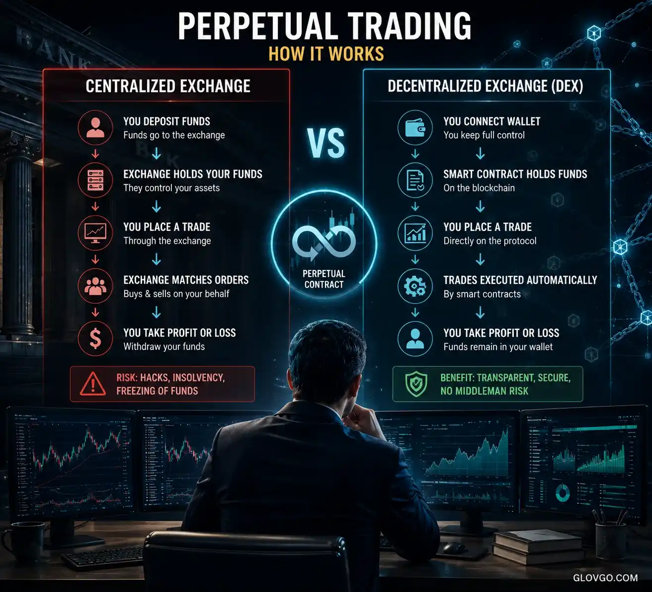 Visual comparison explaining how centralized exchanges differ from decentralized perpetual trading platforms in crypto markets