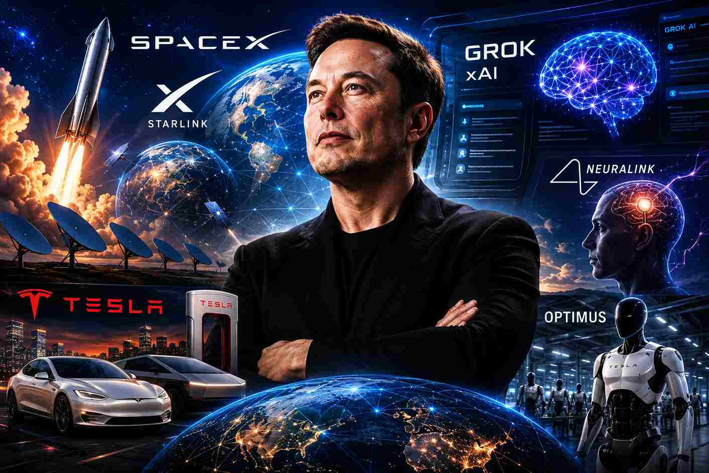 Elon Musk with SpaceX Starship, Tesla vehicles, Optimus robot, Grok AI and Neuralink technology representing his 2026 technology empire.