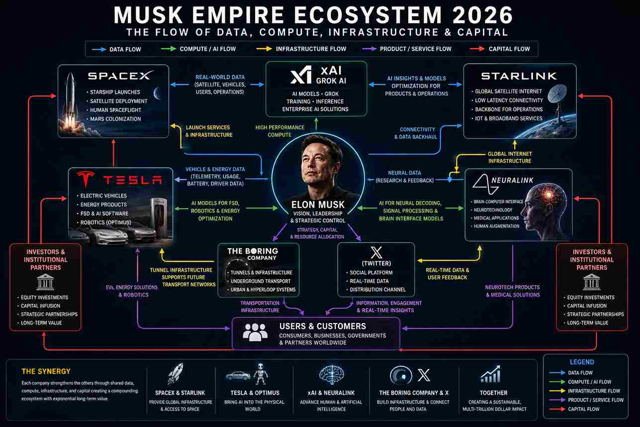 Elon Musk ecosystem infographic showing Tesla, SpaceX, Starlink, xAI Grok, Neuralink, X platform and data flow connections in 2026.