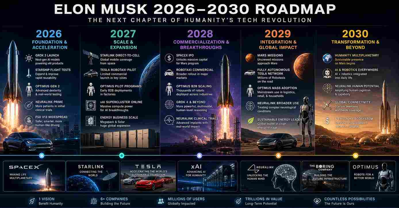 Elon Musk 2026 to 2030 roadmap infographic showing SpaceX Starship missions, Tesla Robotaxi network, Optimus humanoid robots, xAI Grok AI expansion, Starlink growth and Neuralink technology milestones.