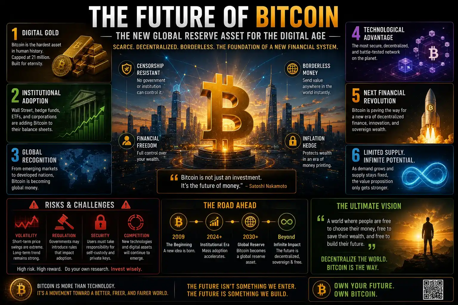 Future of Bitcoin infographic showing Wall Street adoption, digital gold narrative, Bitcoin scarcity, institutional investment growth, and global financial transformation