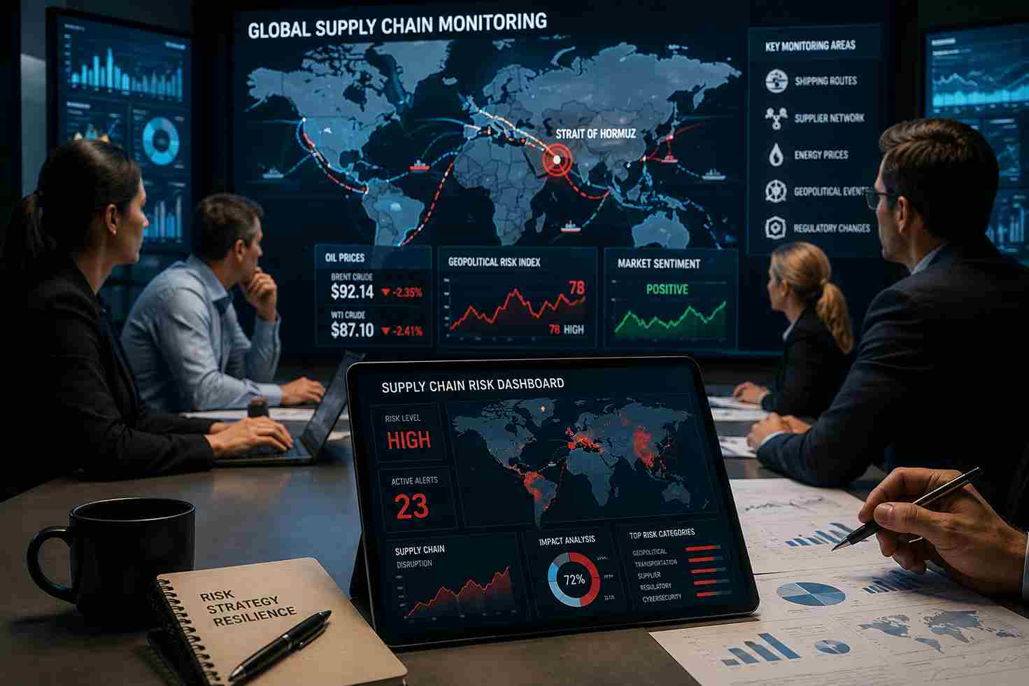 Business executives monitoring global supply chain risks, oil prices, and geopolitical developments through advanced analytics dashboards