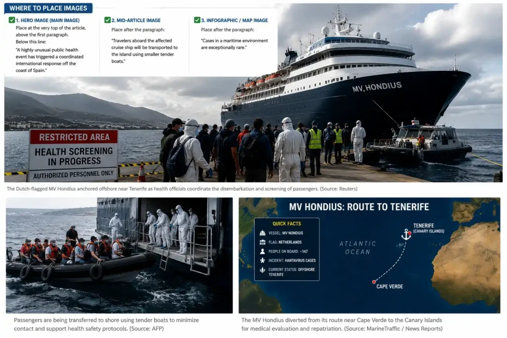 MV Hondius offshore near Tenerife during Hantavirus passenger transfer operation