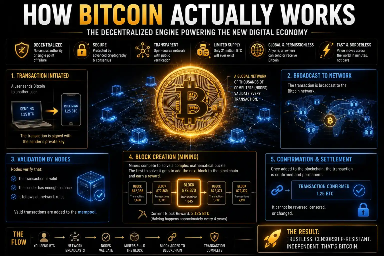 How Bitcoin actually works infographic explaining blockchain transactions, mining, node validation, and decentralized network security
