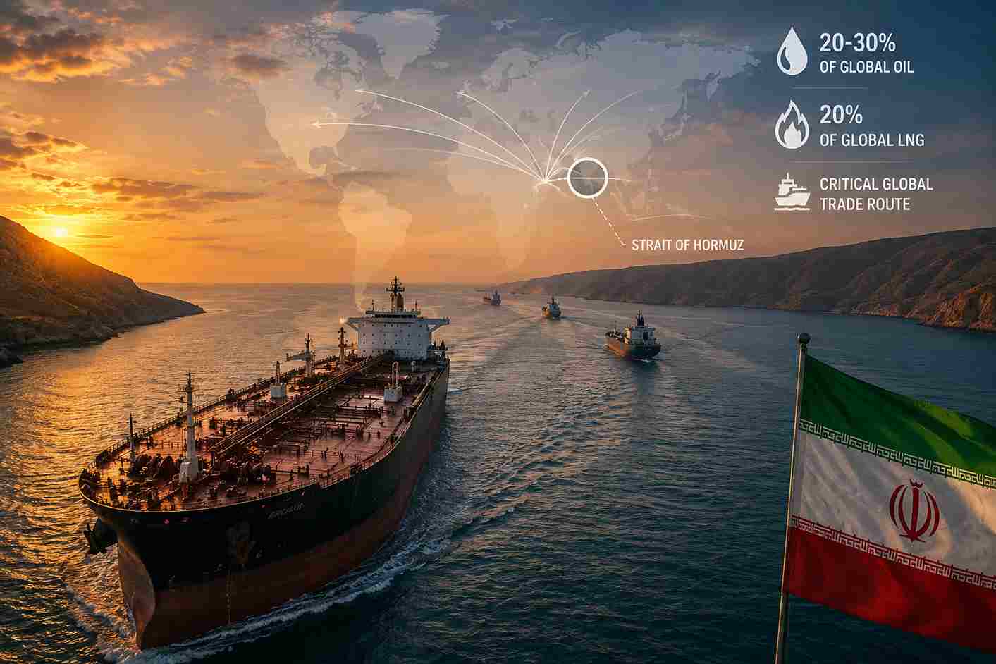 Oil tanker passing through the Strait of Hormuz, a critical global energy trade route connecting Middle Eastern oil exports to international markets