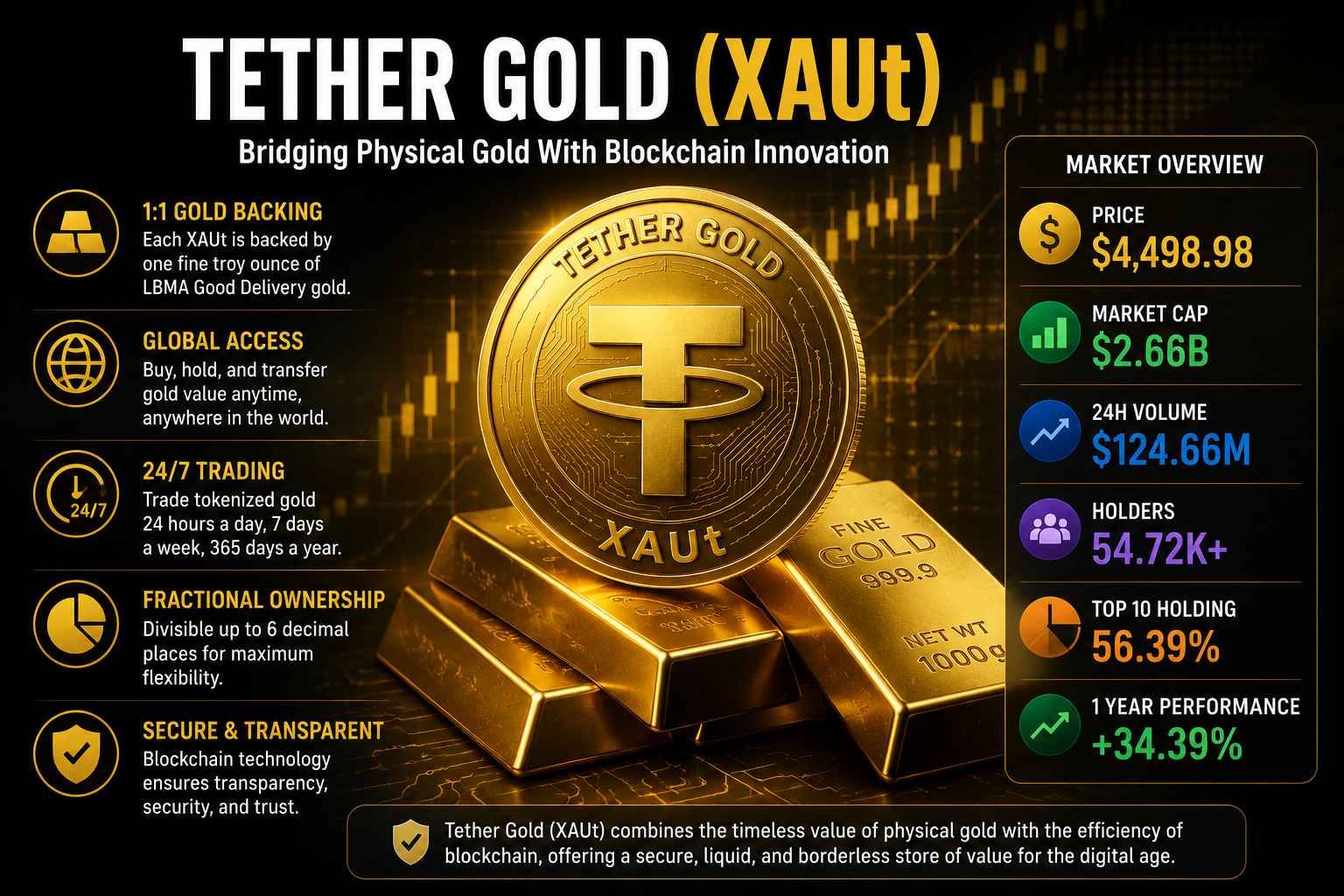 Tether Gold XAUt infographic showing tokenized gold backed by physical gold, $2.66 billion market cap, 54K holders and 34.39 percent yearly growth.