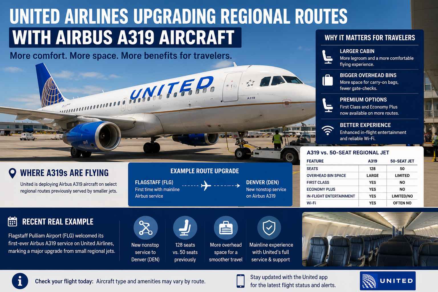 United Airlines Airbus A319 aircraft operating upgraded regional routes with larger cabins, premium seating, and expanded baggage capacity.