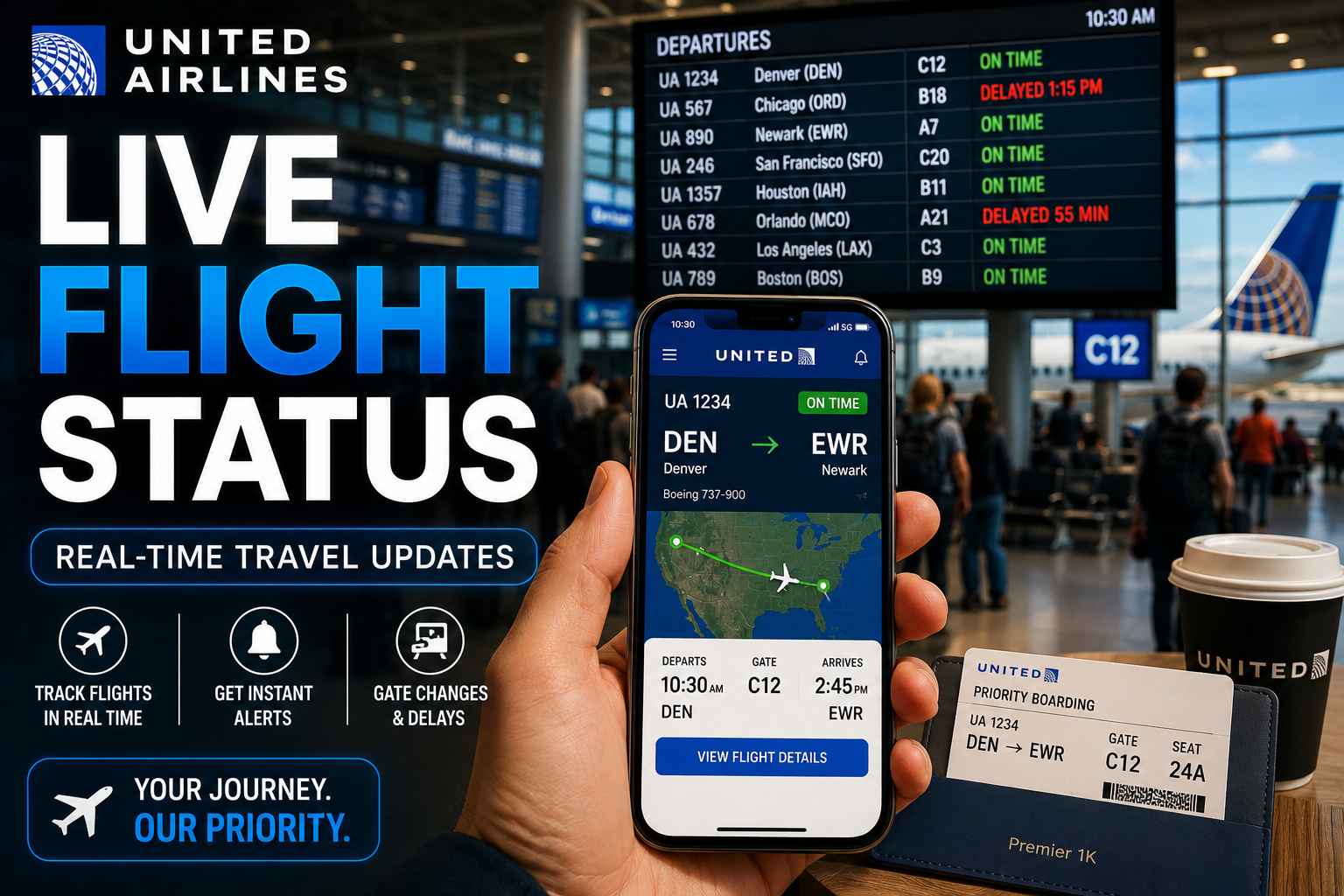 Passenger checking United Airlines flight status and live flight tracker on a smartphone before departure.