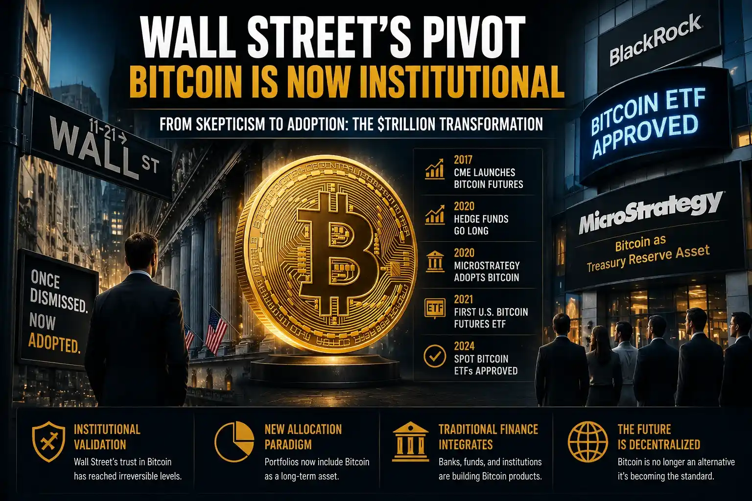 Wall Street Bitcoin institutional adoption infographic showing Bitcoin ETF approval, BlackRock involvement, and corporate Bitcoin treasury adoption