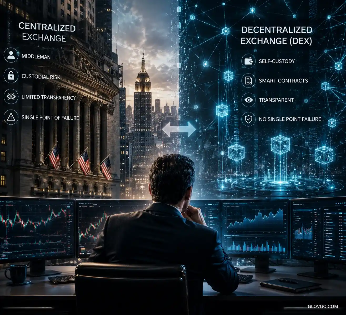 Wall Street trader comparing centralized exchanges with decentralized perpetual trading platforms powered by blockchain smart contracts
