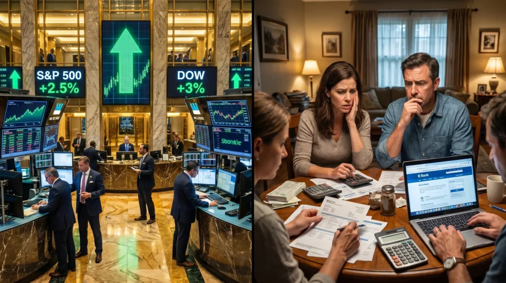 Split screen showing wealthy stock market trading on one side and an average family struggling with a monthly budget on the other.