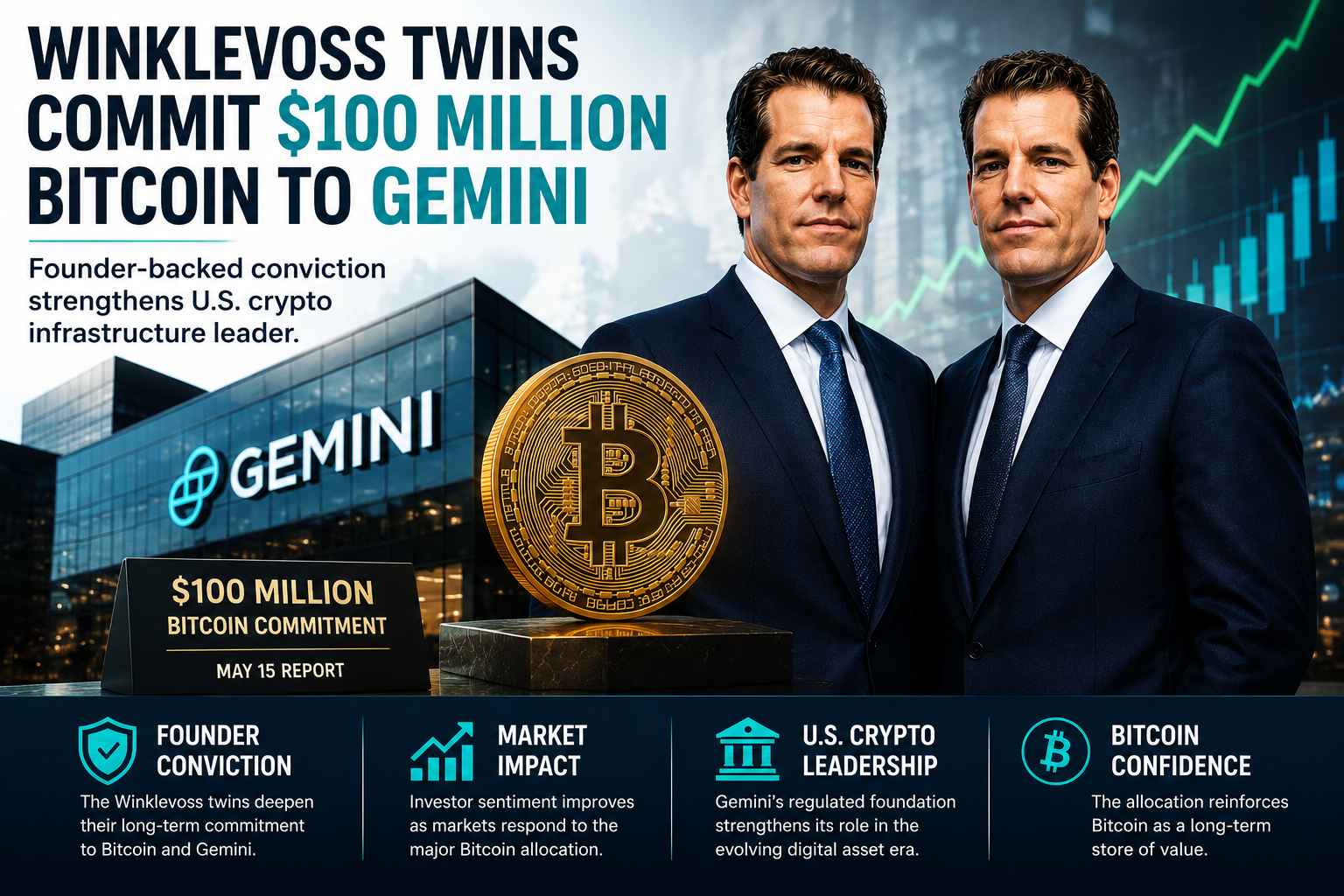 Winklevoss twins and Gemini Bitcoin commitment graphic highlighting institutional crypto market impact in the United States