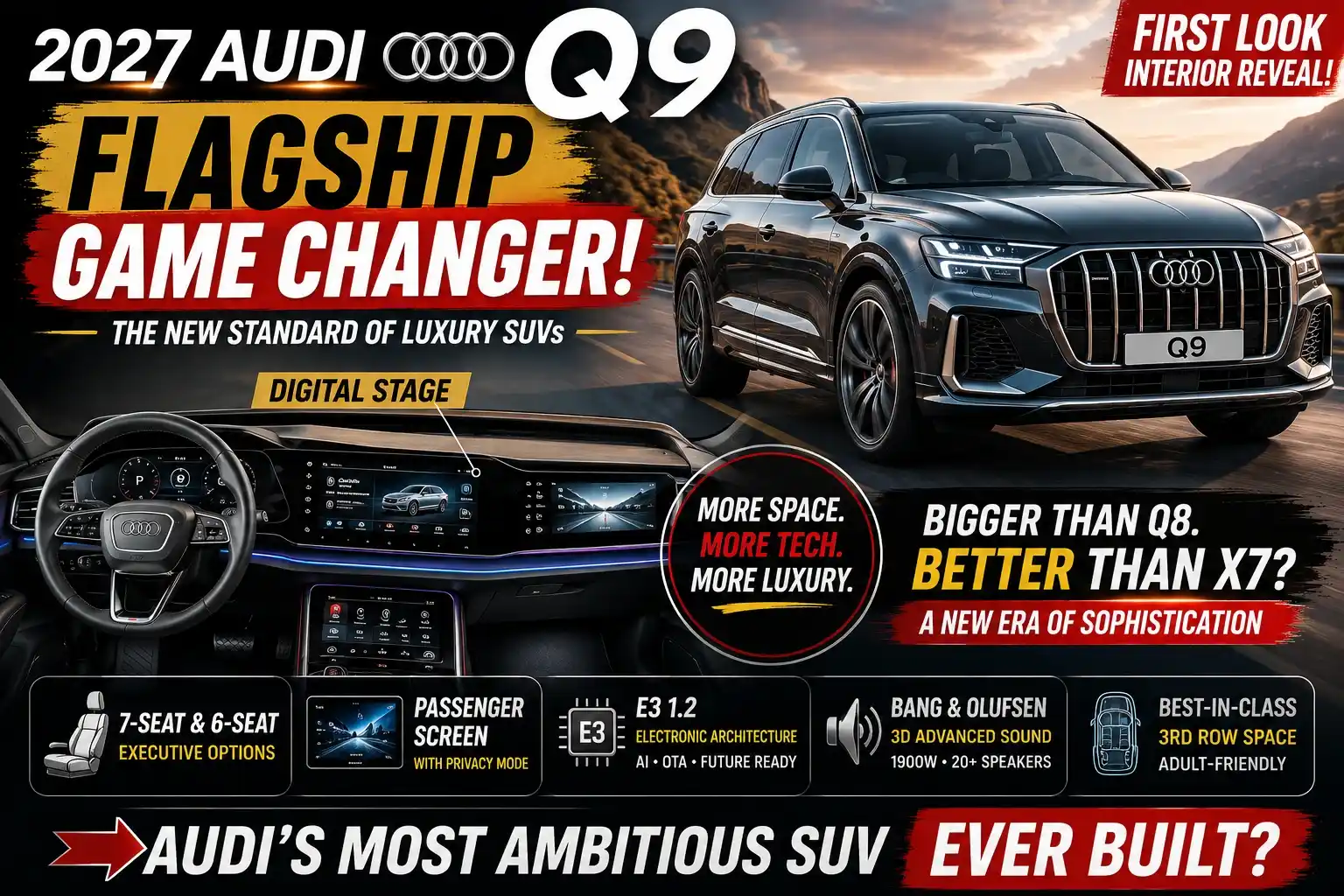 2027 Audi Q9 vs Audi Q8 luxury SUV interior reveal with digital stage dashboard and flagship cabin design