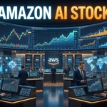 Amazon AMZN blue chip AI stock analysis showing AWS cloud infrastructure, Wall Street financial growth charts, and billionaire investment strategy