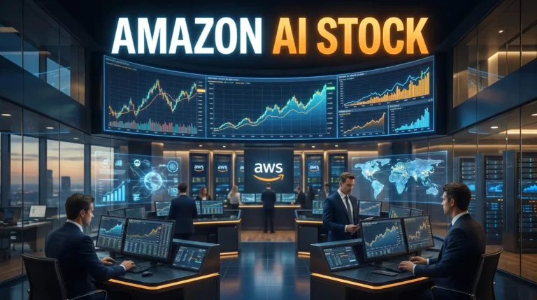 Amazon AMZN blue chip AI stock analysis showing AWS cloud infrastructure, Wall Street financial growth charts, and billionaire investment strategy