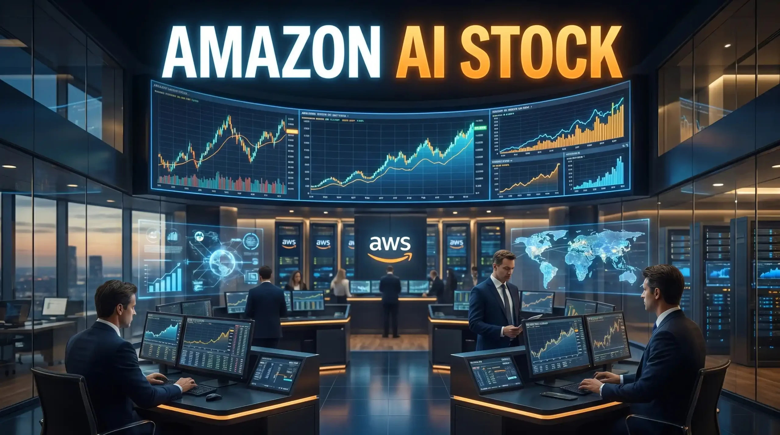 Amazon AMZN blue chip AI stock analysis showing AWS cloud infrastructure, Wall Street financial growth charts, and billionaire investment strategy