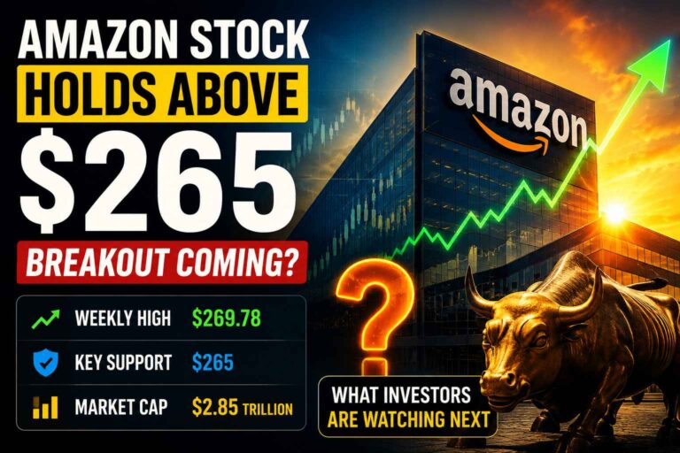 Amazon stock trading above $265 as investors watch the key $270 breakout level with bullish price momentum and rising market confidence.