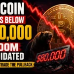 Bitcoin crashing below $80K with Wall Street traders watching red liquidation charts and glowing crypto market screens