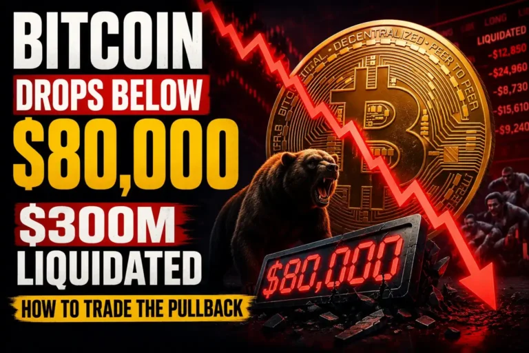 Bitcoin crashing below $80K with Wall Street traders watching red liquidation charts and glowing crypto market screens