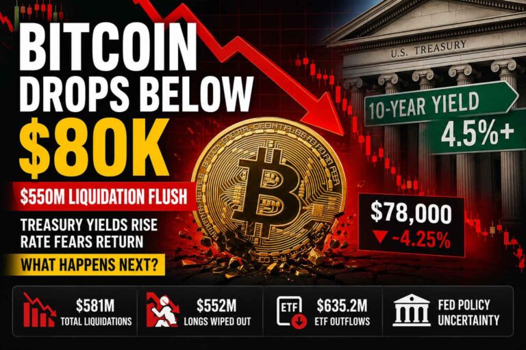 Bitcoin price falling below $80,000 as rising Treasury yields trigger a $550 million crypto liquidation event
