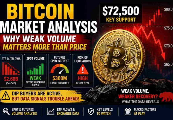 Bitcoin market analysis showing weak spot volume, futures market risk, ETF outflows, and key support levels near $72K in 2026.