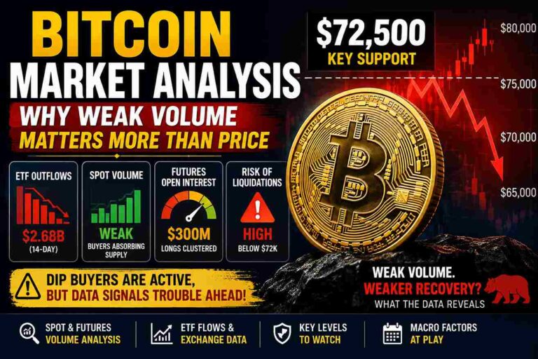 Bitcoin market analysis showing weak spot volume, futures market risk, ETF outflows, and key support levels near $72K in 2026.