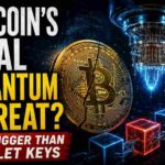 Bitcoin Quantum Threat illustration showing quantum computing risks to Bitcoin consensus and blockchain security.
