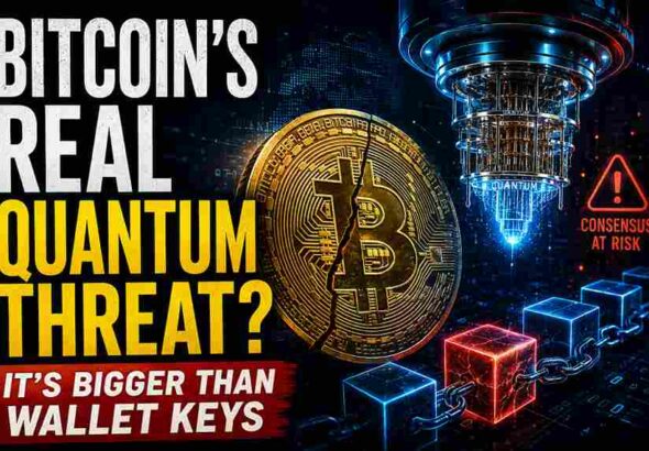 Bitcoin Quantum Threat illustration showing quantum computing risks to Bitcoin consensus and blockchain security.