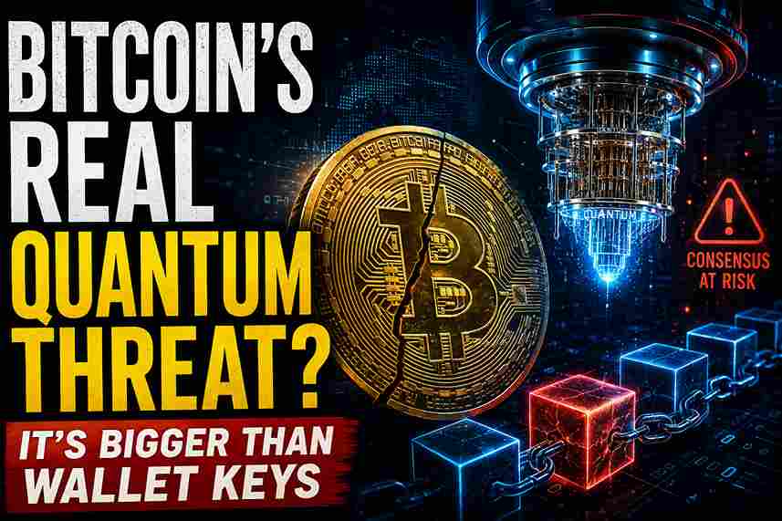 Bitcoin Quantum Threat illustration showing quantum computing risks to Bitcoin consensus and blockchain security.