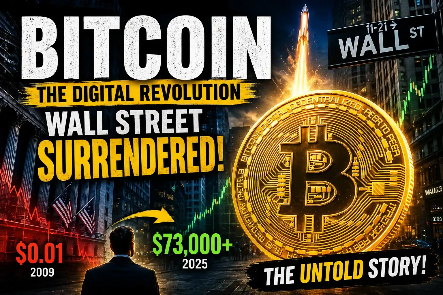 Bitcoin Wall Street surrendered thumbnail showing massive Bitcoin coin rising beside Wall Street during the digital finance revolution as Bitcoin transforms global finance and institutional investing