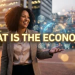 A cinematic view of a frustrated person looking at grocery bills with stock market charts in the background and bold text asking What is the Economy.