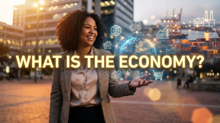 A cinematic view of a frustrated person looking at grocery bills with stock market charts in the background and bold text asking What is the Economy.
