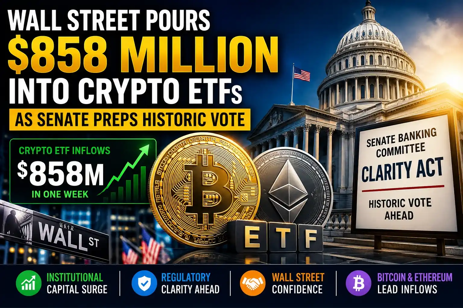 Wall Street crypto ETF inflows thumbnail showing Bitcoin, Ethereum, US Capitol, and $858 million institutional investment ahead of the CLARITY Act Senate vote
