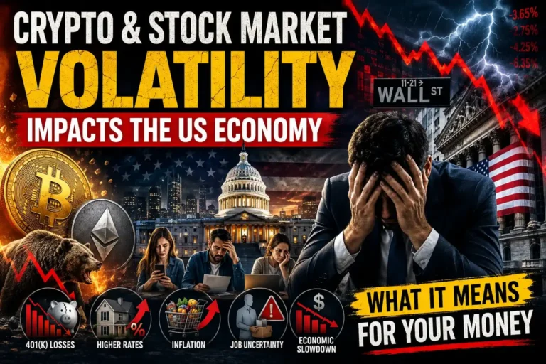 American investor reacting to crypto and stock market volatility as Wall Street and Bitcoin markets decline during economic uncertainty.