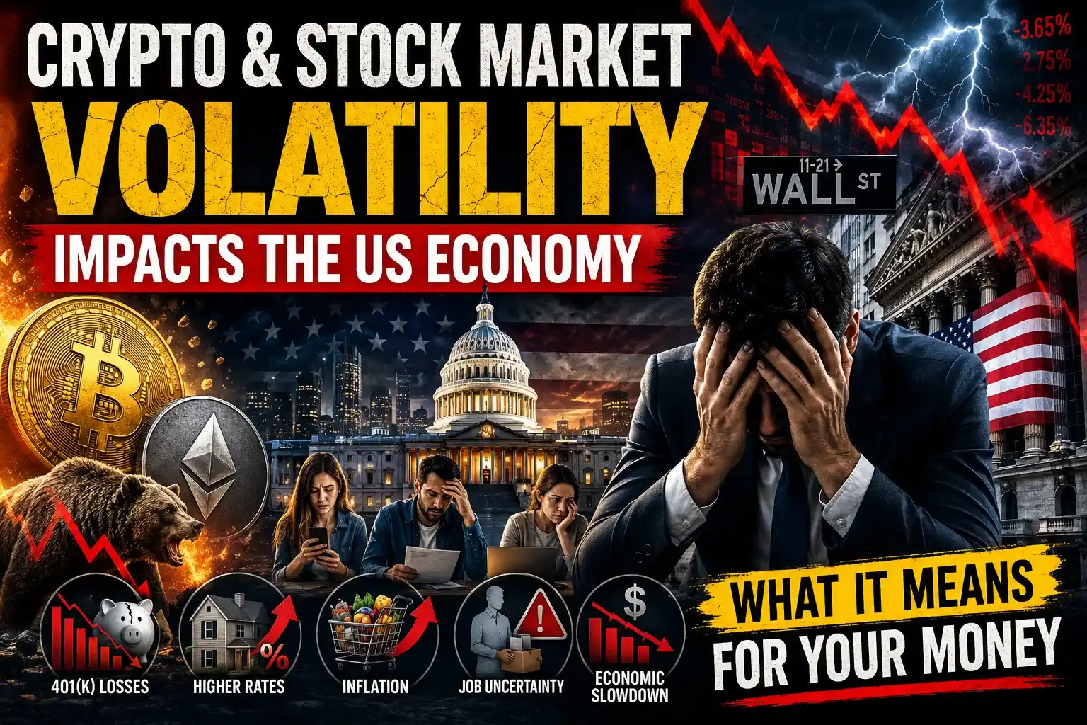 American investor reacting to crypto and stock market volatility as Wall Street and Bitcoin markets decline during economic uncertainty.