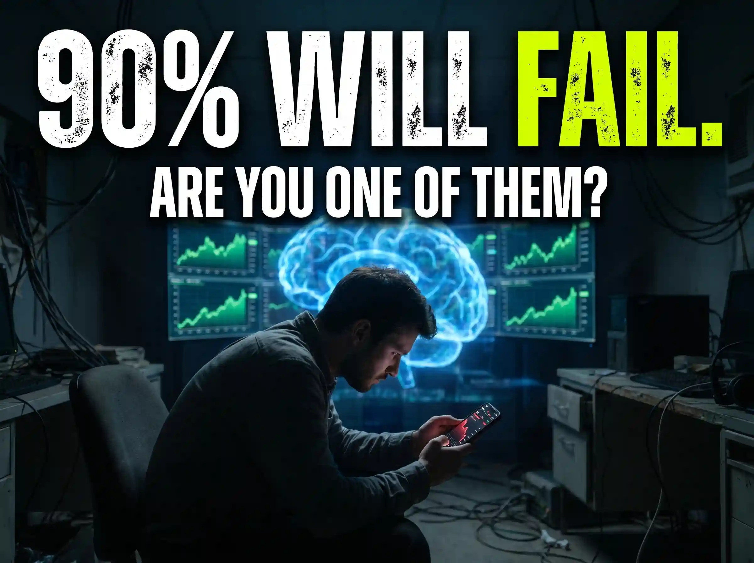 Distressed human trader looking at red charts with bold text reading '90% WILL FAIL. ARE YOU ONE OF THEM?' against a successful AI background.