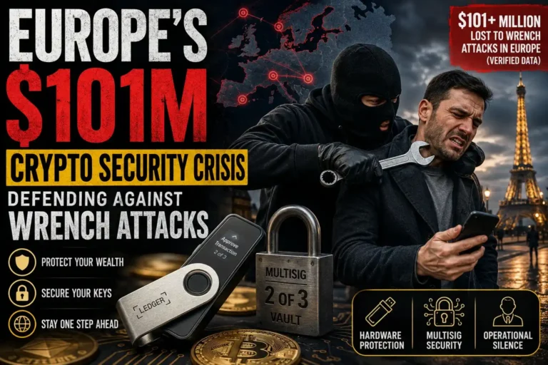 Europe crypto wrench attack security crisis showing investor protection with multisig wallet and hardware crypto security