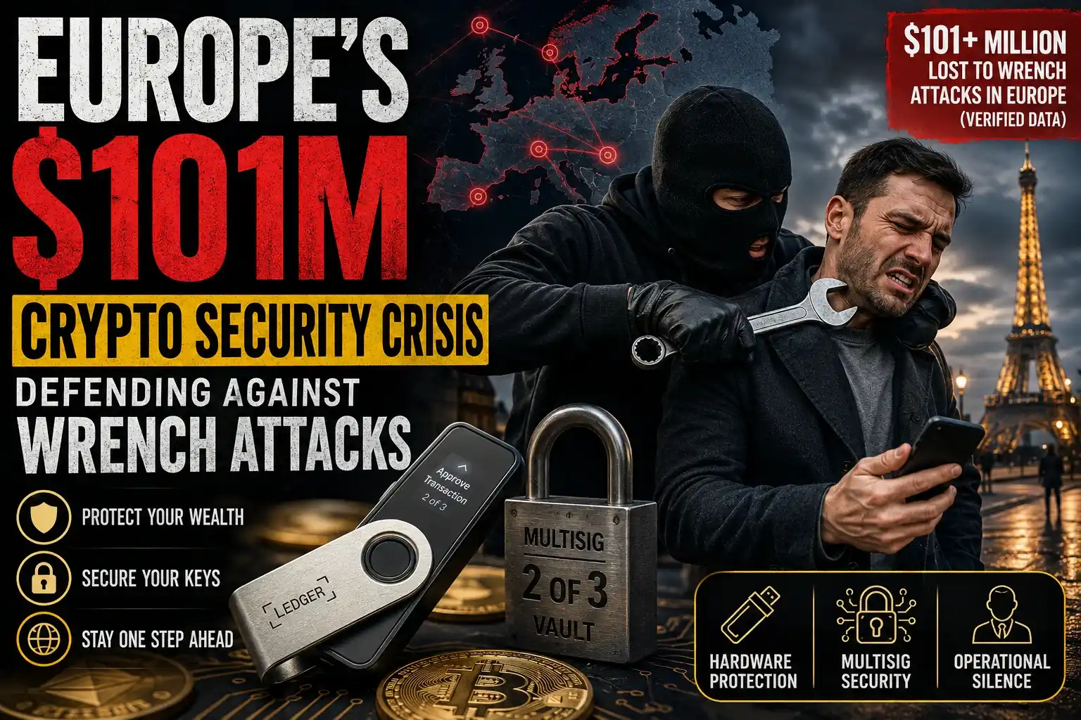 Europe crypto wrench attack security crisis showing investor protection with multisig wallet and hardware crypto security
