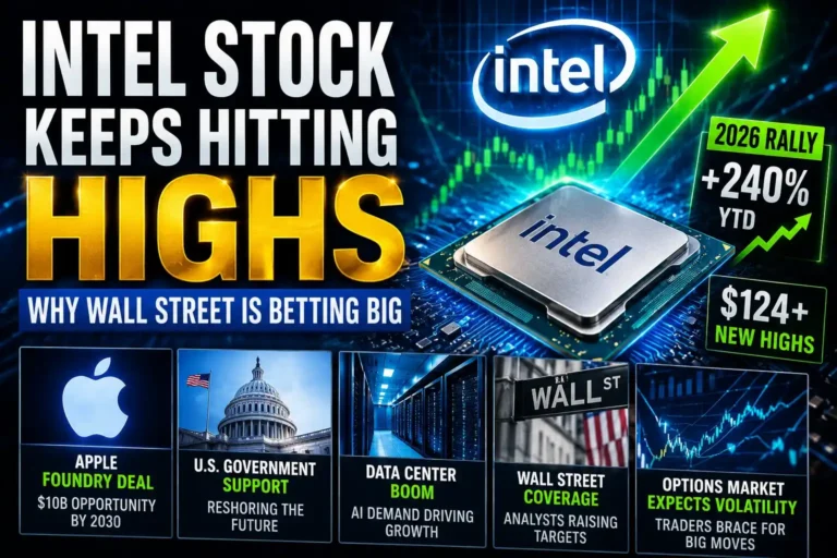 Intel stock rally visualization with Wall Street market charts, AI semiconductor graphics, and bullish trading momentum in 2026.