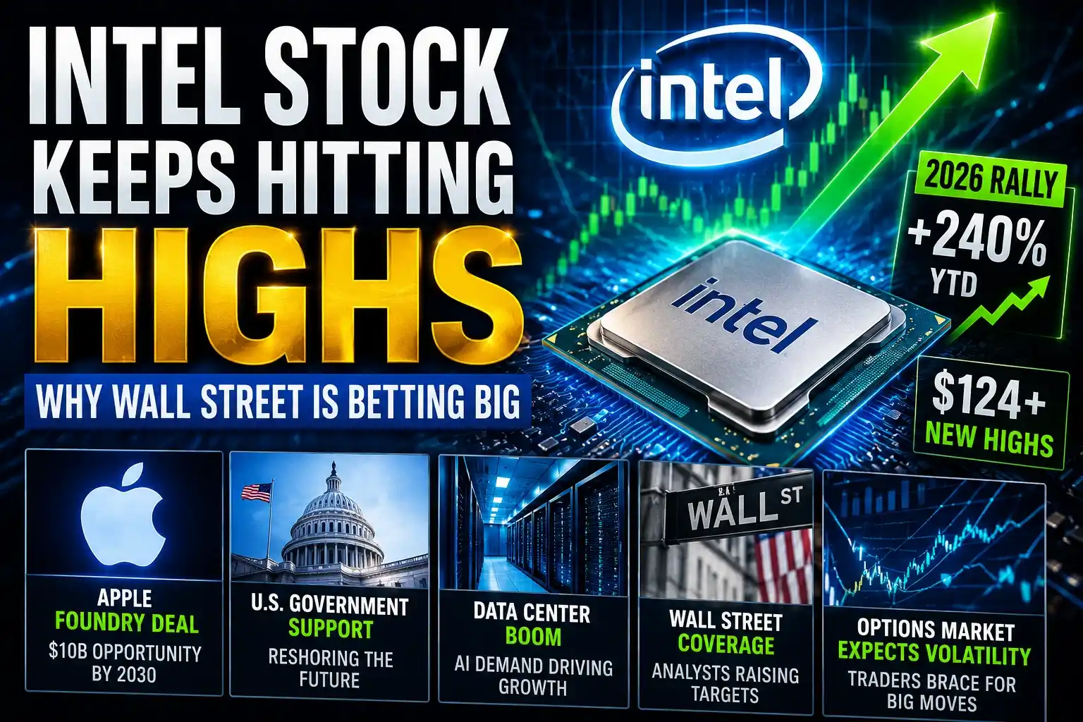 Intel stock rally visualization with Wall Street market charts, AI semiconductor graphics, and bullish trading momentum in 2026.