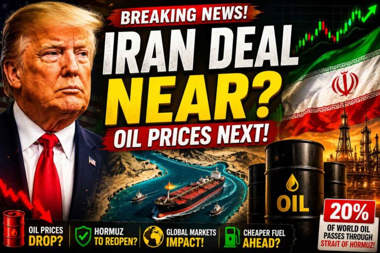 Donald Trump, Iran flag, Strait of Hormuz oil tankers and crude oil barrels illustrating the potential Iran peace deal and its impact on global oil prices and financial markets.