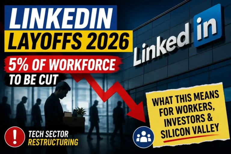 LinkedIn layoffs 2026 thumbnail showing 5% workforce cuts amid Silicon Valley tech sector restructuring and Microsoft investor concerns.