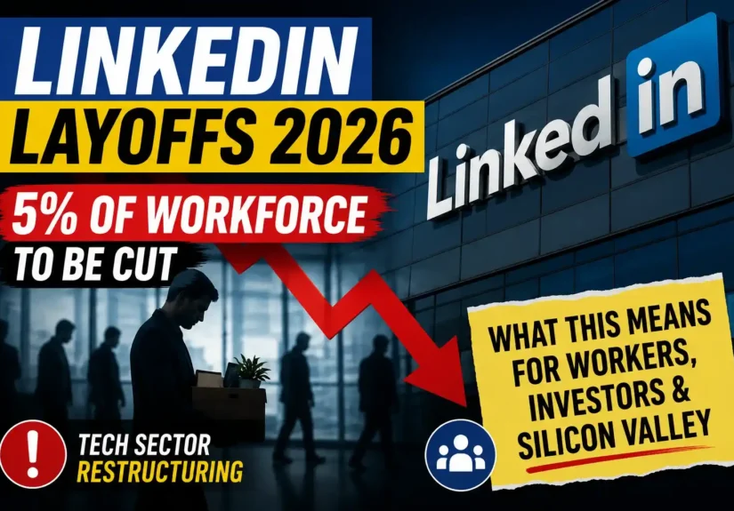 LinkedIn layoffs 2026 thumbnail showing 5% workforce cuts amid Silicon Valley tech sector restructuring and Microsoft investor concerns.